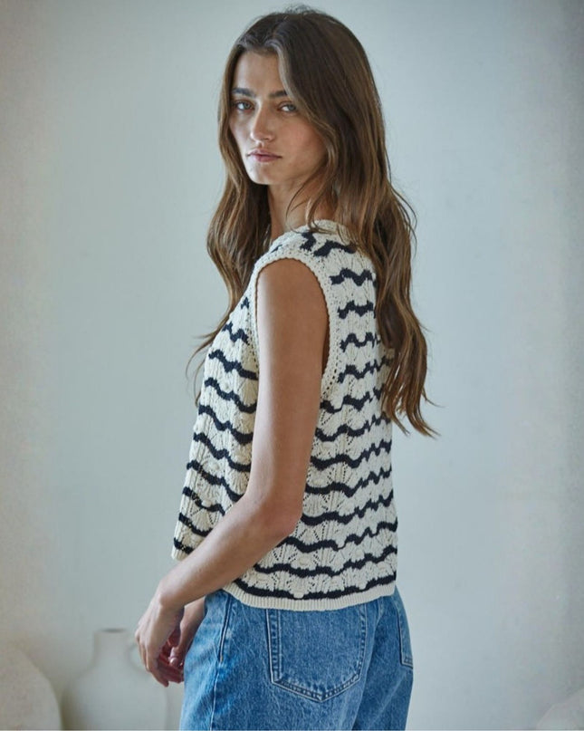 Paige Striped V-Neck Button Up Sleeveless Sweater Cardigan