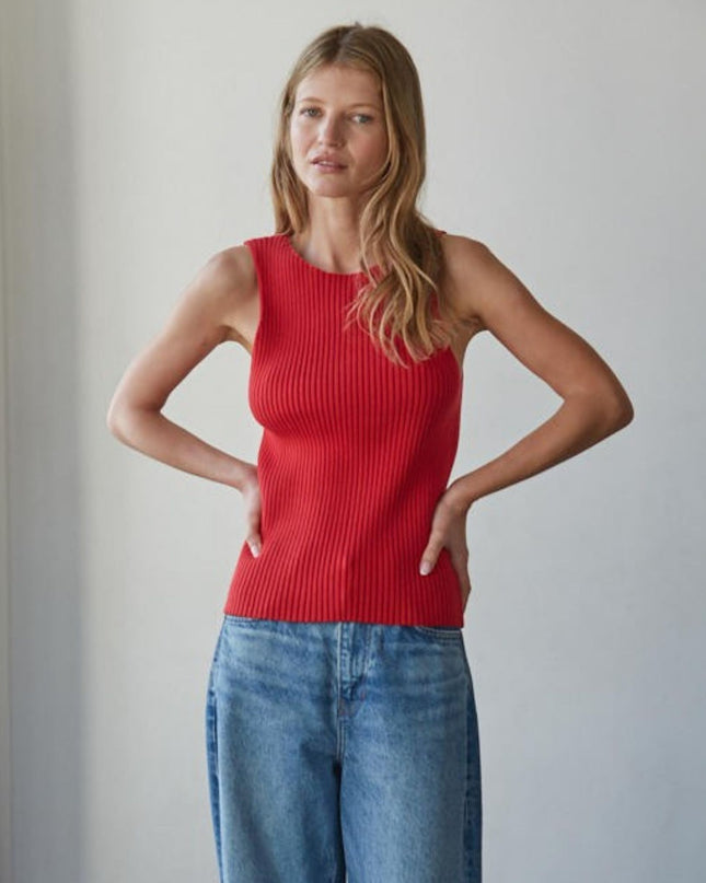 Downtown Ribbed Sleeveless Round Neck Top