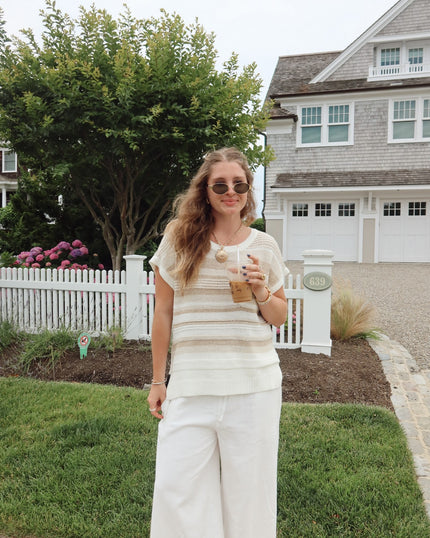 Embroidered Culotte Pants, Striped Tunic Sweater and Seashell Necklace