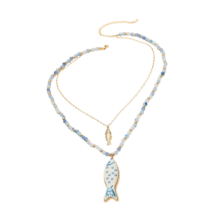Fish Pendant Accent Beaded Chain Layered Necklace Blue