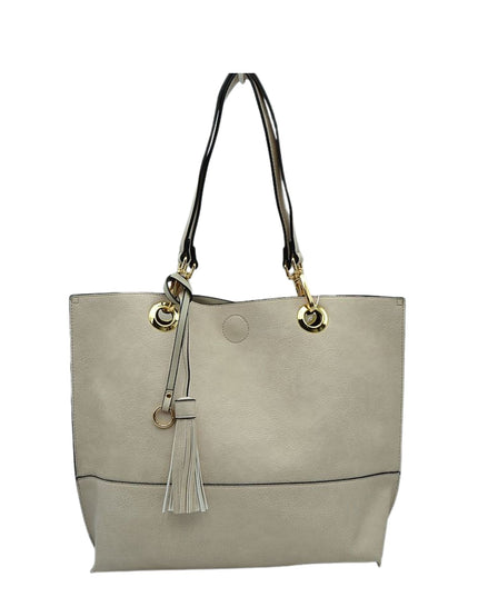 Gray tote bag with gold accents on a white background