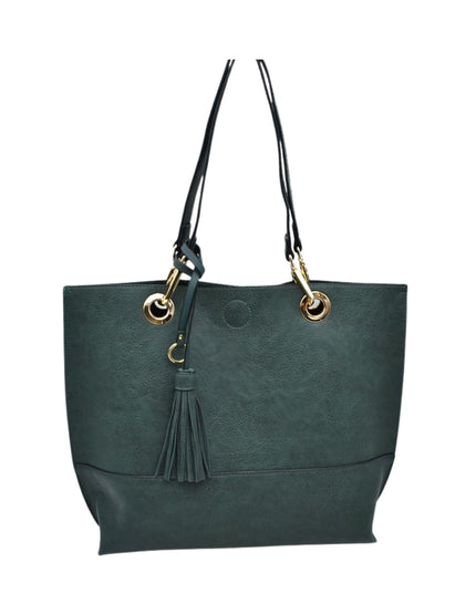 Green handbag with black handles and a tassel on a white background
