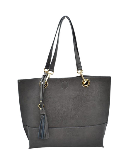 Gray tote bag with black strap and tassel on a white background