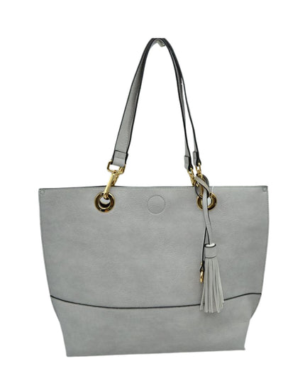 Gray tote bag with a tassel on a white background