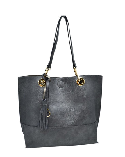Gray tote bag with black handle and gold accents on a white background