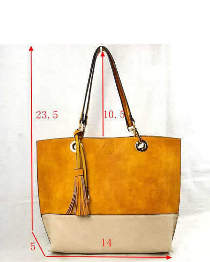 Yellow and beige handbag with measurements on a white background