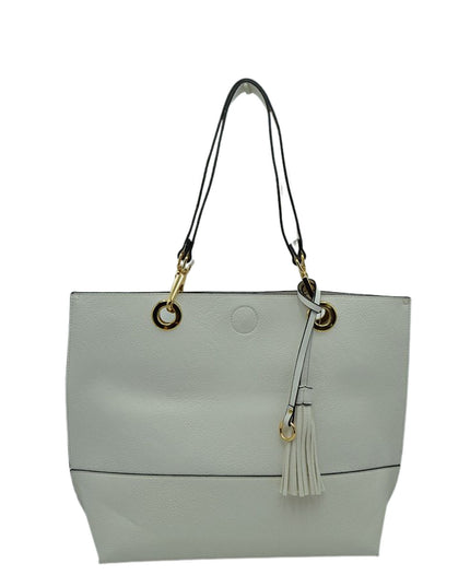 Light gray handbag with a tassel on a white background
