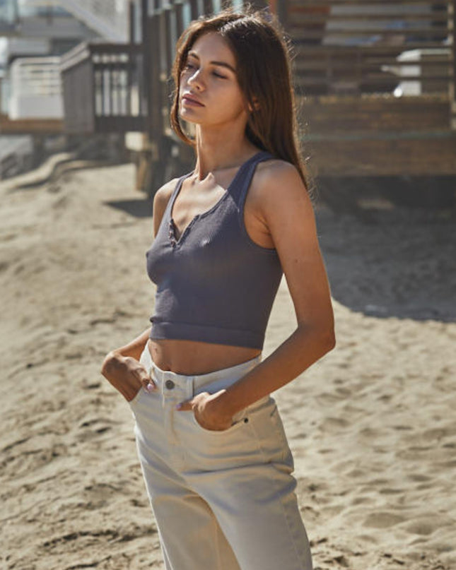 Henley Ribbed Modal Button Detail Crop Tank Top