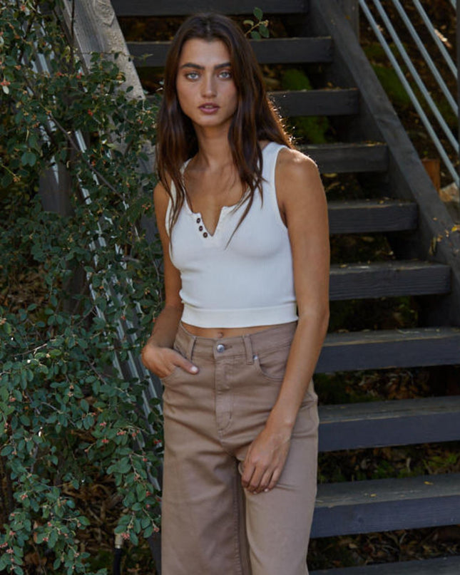 Henley Ribbed Modal Button Detail Crop Tank Top
