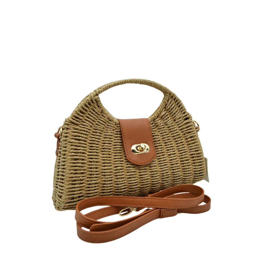 Round Handle Twist Closure Straw Bag Khaki