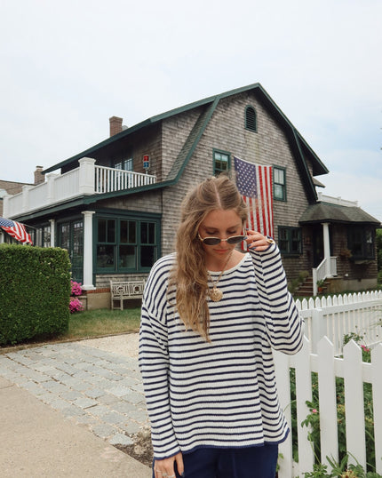 Barrel Jeans, Striped Sweater and Seashell Necklace