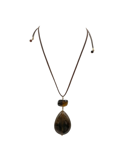 A dark brown beaded necklace featuring a large teardrop-shaped dark brown stone pendant and a smaller polished stone accent, displayed on a clean white background.