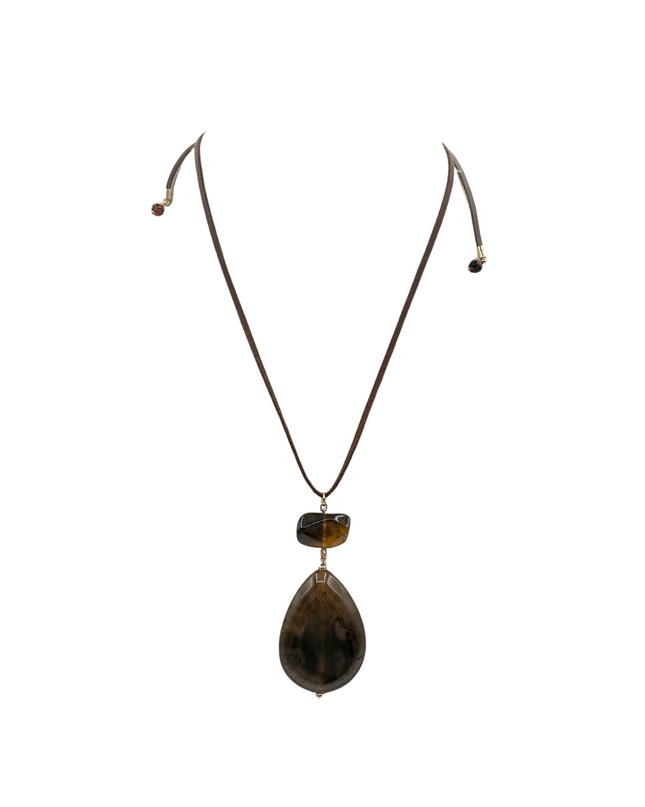 A dark brown beaded necklace featuring a large teardrop-shaped dark brown stone pendant and a smaller polished stone accent, displayed on a clean white background.