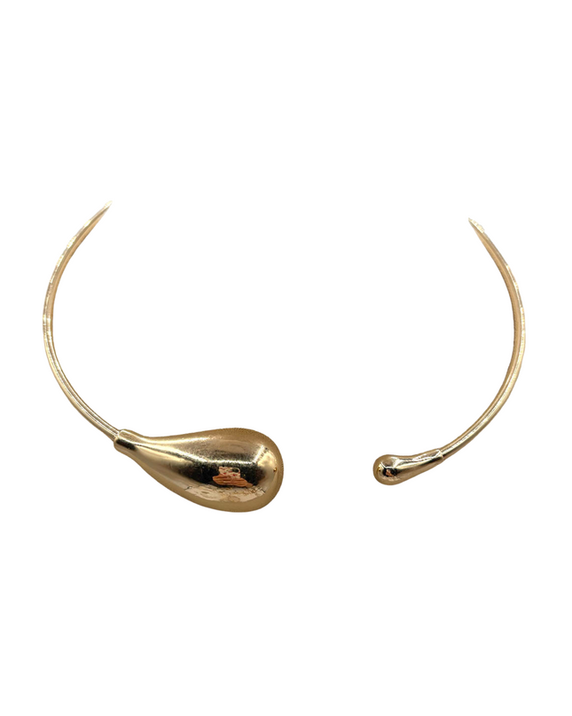A pair of gold-toned curved hook earrings with teardrop-shaped front pendants, shown on a plain white background.