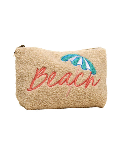 Beige pouch with 'Beach' and an umbrella embroidered on a white background