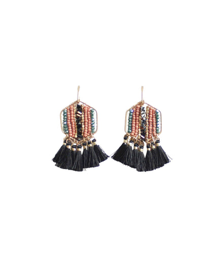 A pair of bohemian-style beaded dangle earrings with black tassels, featuring gold-tone metal frames, peach and teal beads, and small turquoise accents, shown against a plain white background.