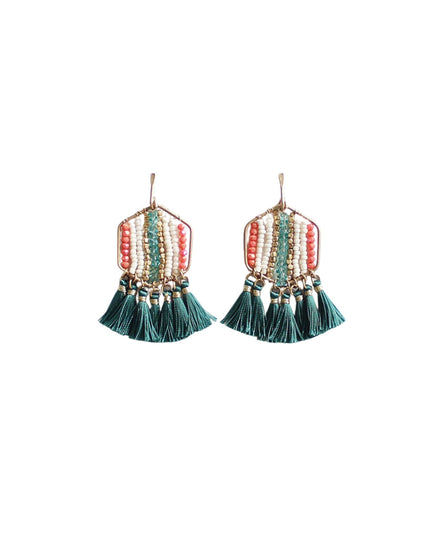 A pair of bohemian-style dangle earrings with gold-tone metal frames, vertical rows of red, green, and white beads, and multiple teal tassels hanging from the bottom.
