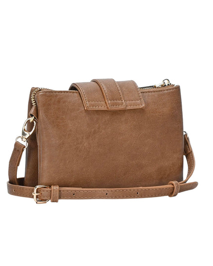 A brown faux-leather crossbody bag with a top flap, gold-tone hardware, and an adjustable shoulder strap, shown against a plain white background.