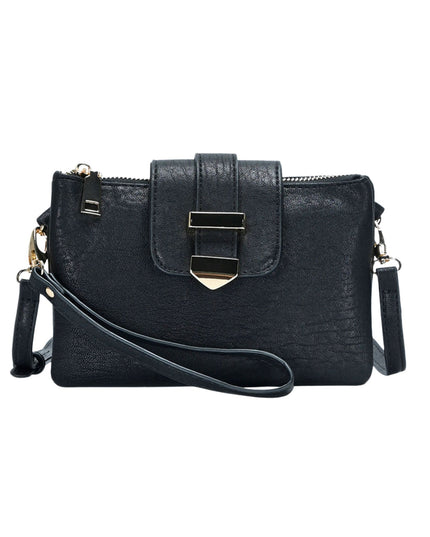 Black faux-leather crossbody bag with a front flap, gold-tone buckle detail, and a detachable wristlet strap, shown on a plain white background.