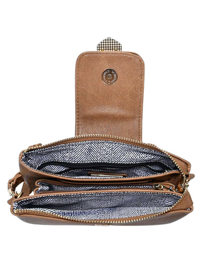 A brown leather crossbody wallet shown open, displaying its interior compartments, gold-tone zippers, and a patterned fabric lining.