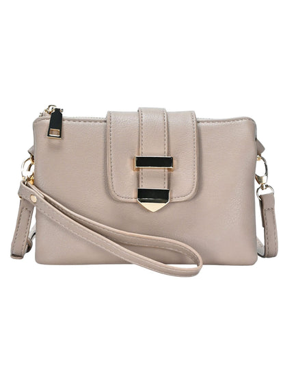 A light beige faux-leather crossbody handbag with a front flap, gold-tone hardware, and a matching wristlet strap, shown against a plain white background.