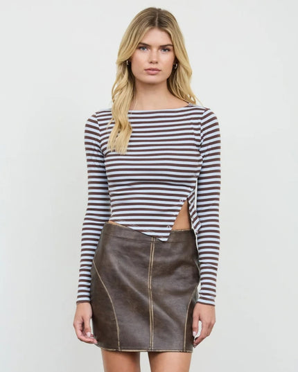 Asymmetrical Snap Button Striped Boat Neck Long Sleeve Top
