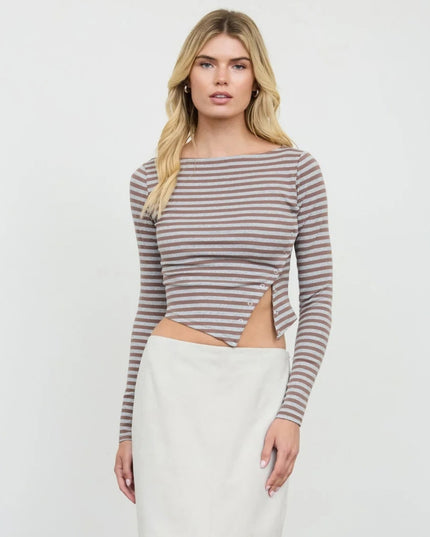 Asymmetrical Snap Button Striped Boat Neck Long Sleeve Top Brown