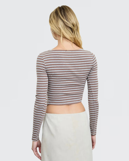 Asymmetrical Snap Button Striped Boat Neck Long Sleeve Top Grey