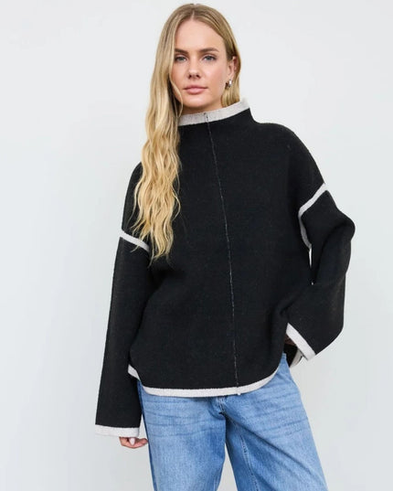 Contrast Trim Front Seam Mock Neck Sweater