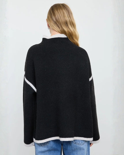 Contrast Trim Front Seam Mock Neck Sweater Black