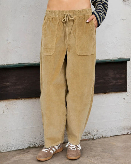 Corduroy Drawstring Elastic Wide Leg Pants Beige