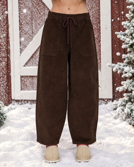Corduroy Drawstring Elastic Wide Leg Pants Brown