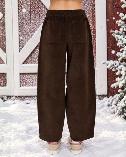 Corduroy Drawstring Elastic Wide Leg Pants Dark Brown