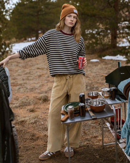 Corduroy Drawstring Elastic Wide Leg Pants Tan