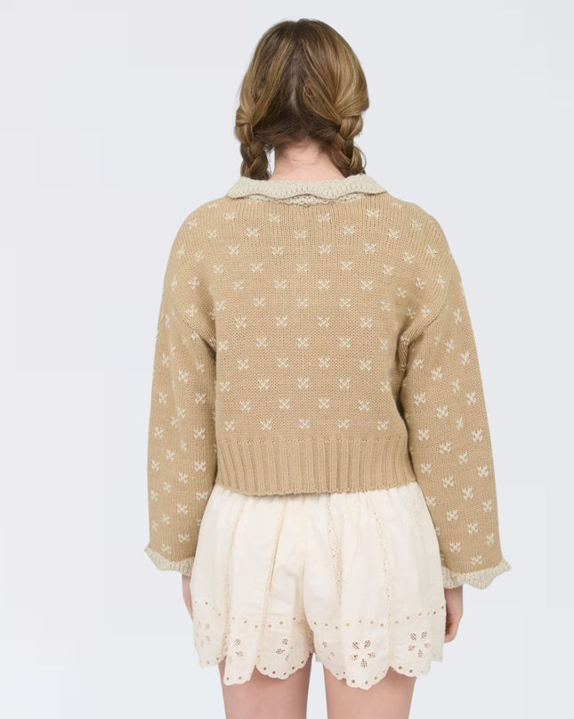 Crochet Scallop Collared Button Down Patterned Sweater