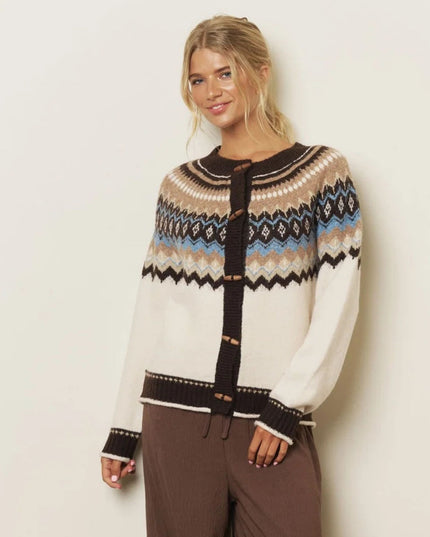 Fair Isle Wood Toggle Button Cardigan Sweater