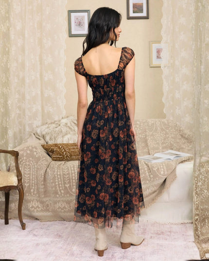 Floral Print Organza Sweetheart Slit Leg Corset Midi Dress Brown