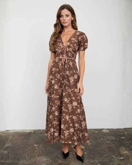 Floral Print V Neck Front Tie Puff Short Sleeve Midi Dress