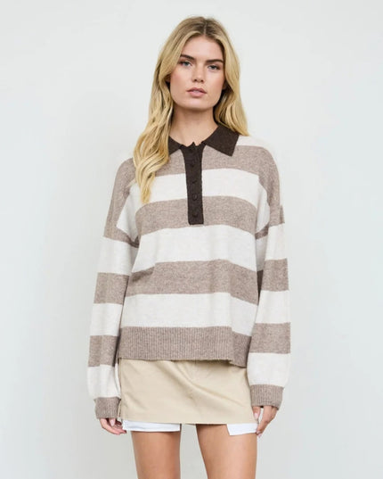 Heathered Wide Stripe Polo Collar Sweater Beige