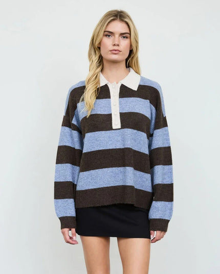 Heathered Wide Stripe Polo Collar Sweater Blue