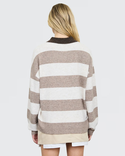 Heathered Wide Stripe Polo Collar Sweater Tan