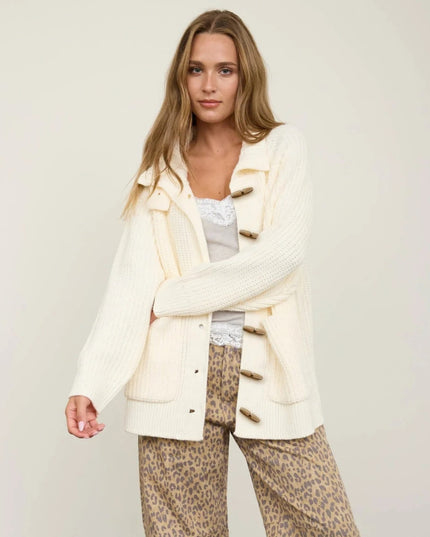 High Neck Ribbed Wood Toggle Long Cardigan Sweater Cream