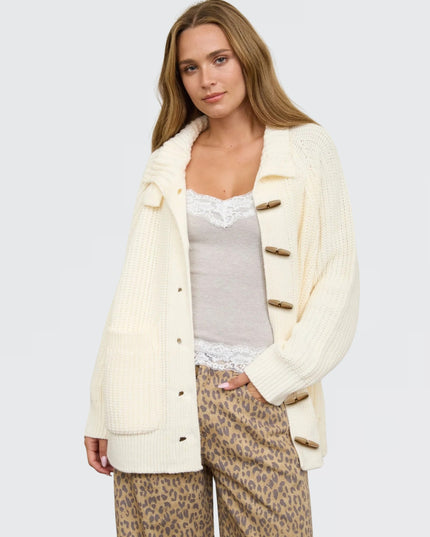 High Neck Ribbed Wood Toggle Long Cardigan Sweater Ivory