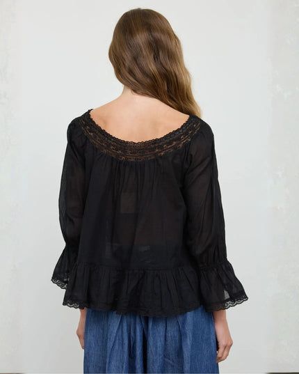 A woman viewed from the back wearing a sheer black long-sleeve blouse with a lace-trimmed scoop neckline and ruffled hem, paired with blue jeans, against a light textured wall.