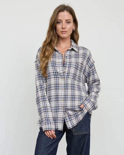 Plaid Button Down Collared Distressed Long Sleeve Top Blue