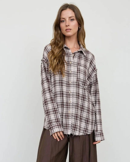 Plaid Button Down Collared Distressed Long Sleeve Top Brown