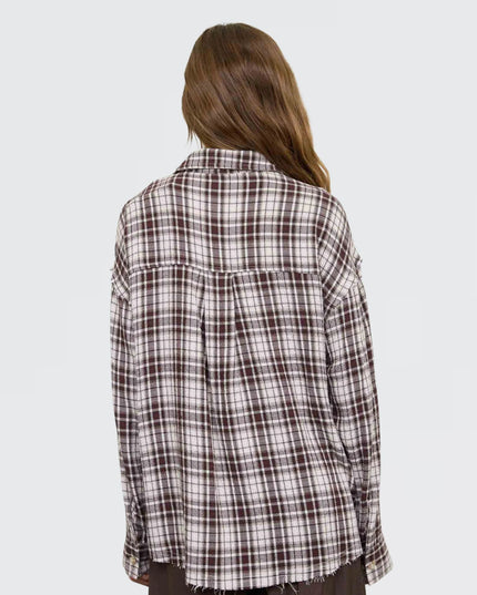 Plaid Button Down Collared Distressed Long Sleeve Top Chocolate