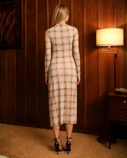 Plaid Mesh Ruched High Neck Long Sleeve Midi Dress Grey