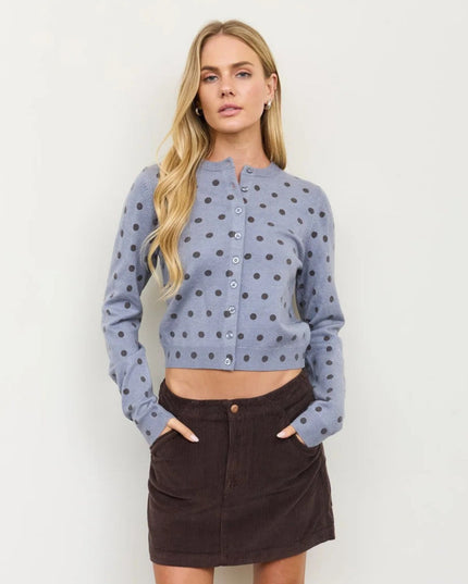 Polka Dot Round Neck Button Down Cardigan Sweater