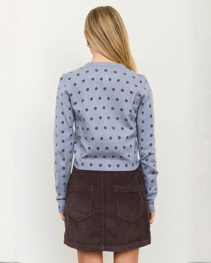 Polka Dot Round Neck Button Down Cardigan Sweater Blue